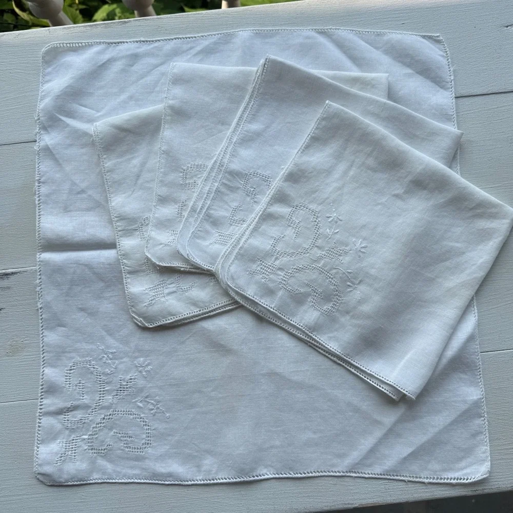 Vintage White Linen Napkins Set of 5 Embroidered Floral Lace Hemstitched 16x16